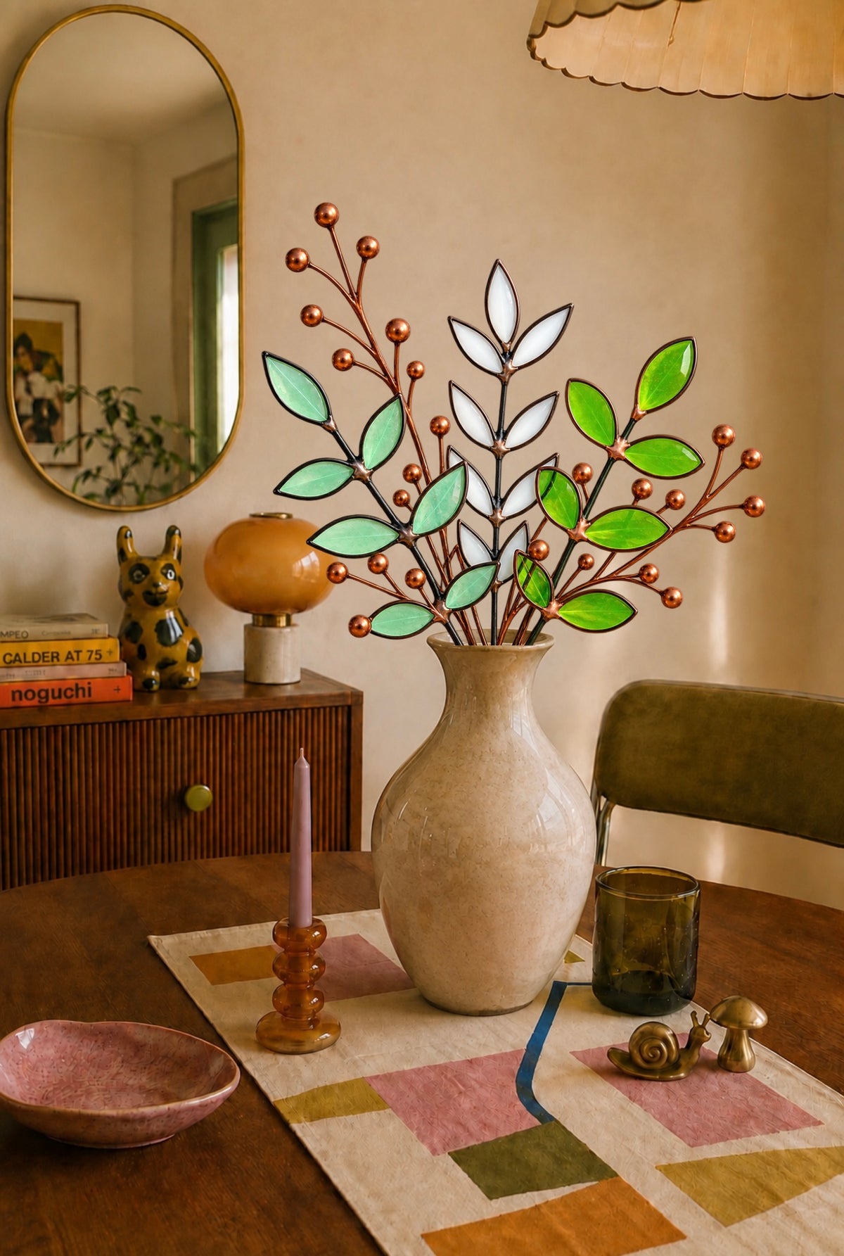 Stained Glass Botanical Arrangement | Handmade Glass Greenery & Copper Berry Sprigs