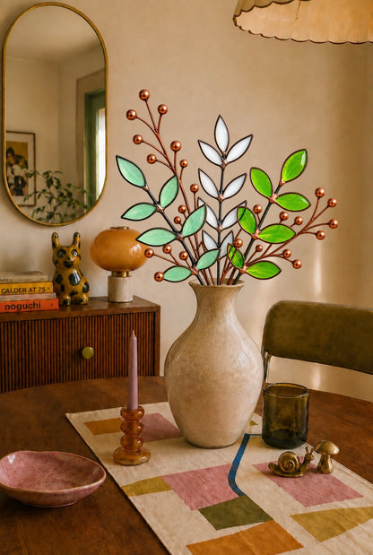 Stained Glass Botanical Arrangement | Handmade Glass Greenery & Copper Berry Sprigs