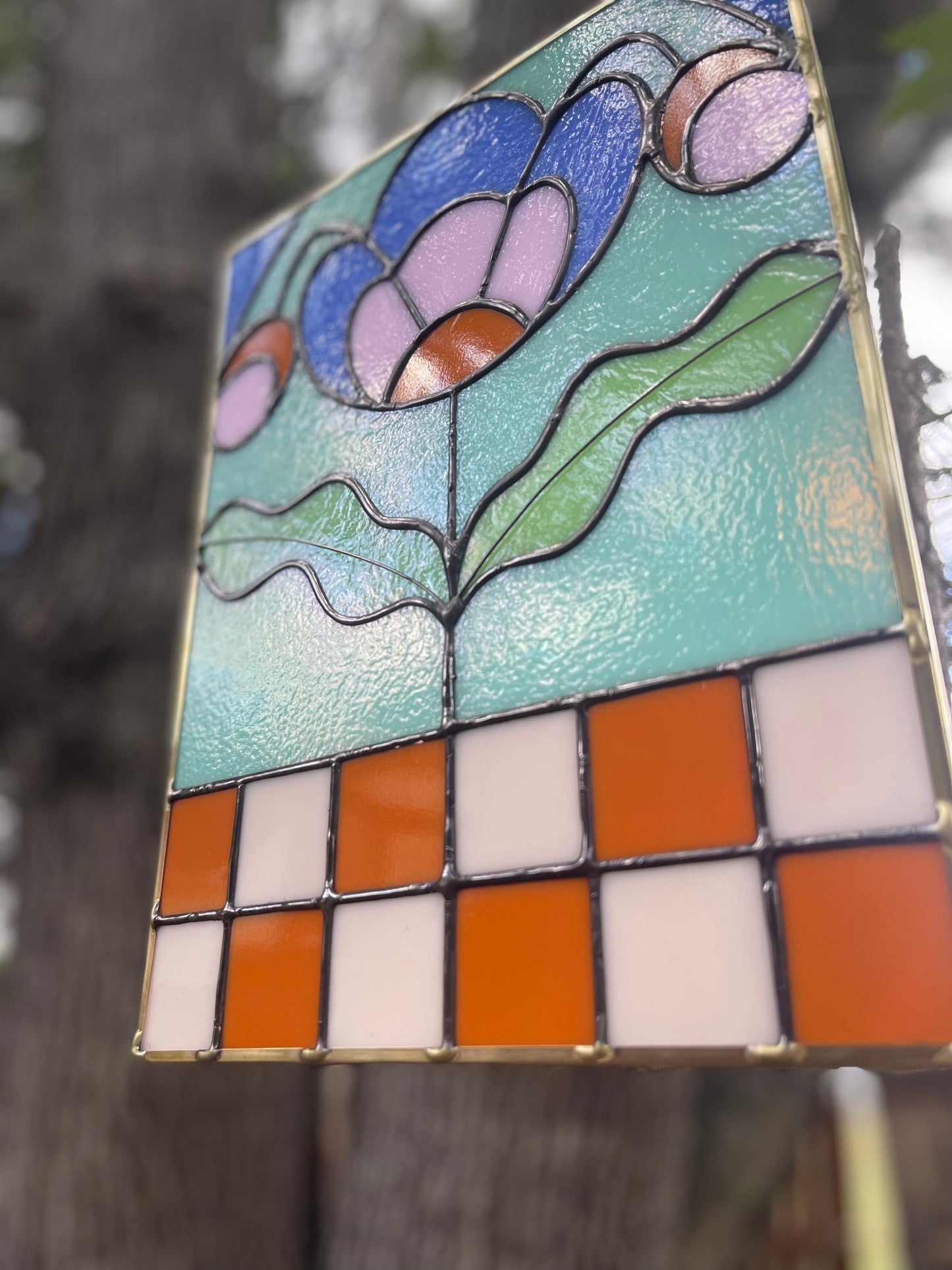 Checker Blossom Folk Art Botanical Stained Glass Panel - Samara Designs Studio