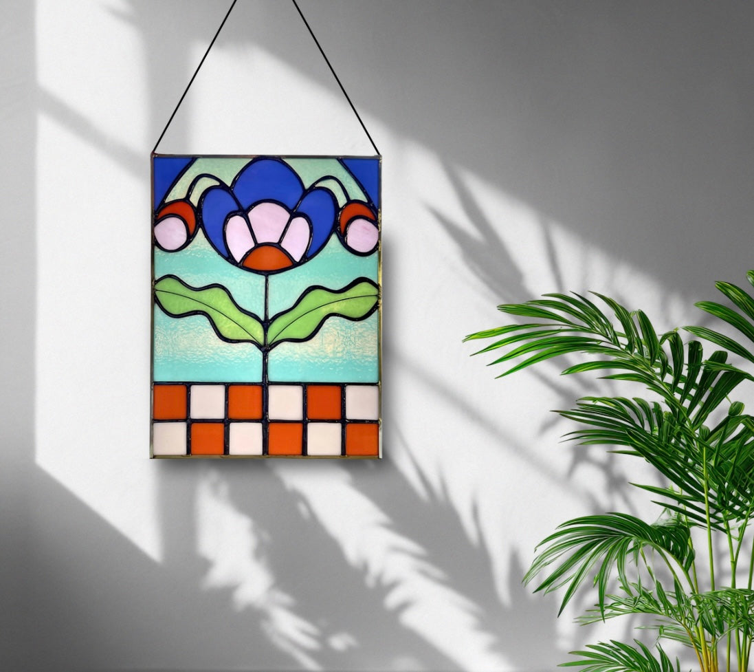 Checkered Blossom Folk Art Botanical Stained Glass Panel - Samara Designs Studio