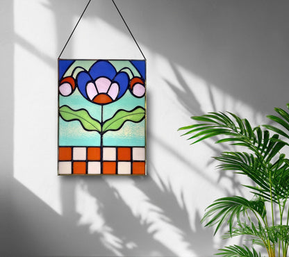 Checkered Blossom Folk Art Botanical Stained Glass Panel - Samara Designs Studio