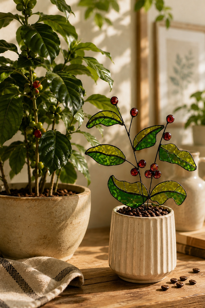 Handmade Stained Glass Coffee Plant | Coffee Lover Gift | Botanical Coffee Bar Decor - Samara Designs Studio