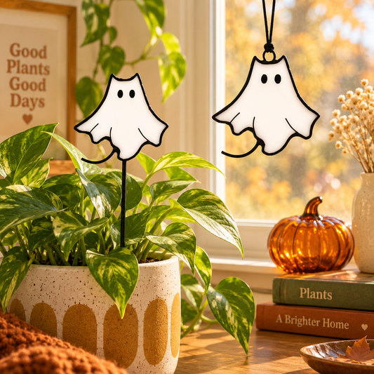 Two white ghost-shaped plant markers with black outlines are displayed in a cozy autumn-themed indoor setting. One marker is inserted into a green houseplant in a speckled ceramic pot, while the other hangs from a black string near a window with a small orange pumpkin and books in the background.