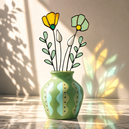 Handmade Stained Glass Wildflower Arrangement –  Amber & Sage Green - Samara Designs Studio
