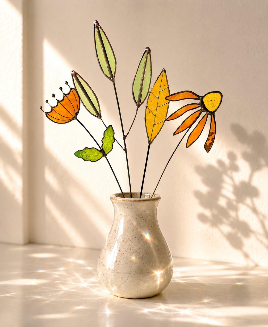Stained Glass Floral Arrangement – Amber Wildflower & Green Leaf Bouquet | Handmade Glass Flower Stems | Botanical Home Decor Gift - Samara Designs Studio