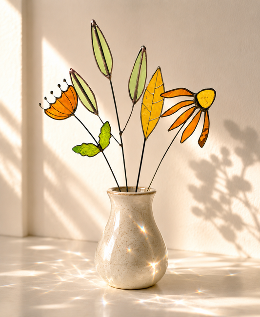Stained Glass Floral Arrangement – Amber Wildflower & Green Leaf Bouquet | Handmade Glass Flower Stems | Botanical Home Decor Gift - Samara Designs Studio