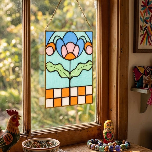 Checker Blossom Folk Art Botanical Stained Glass Panel - Samara Designs Studio
