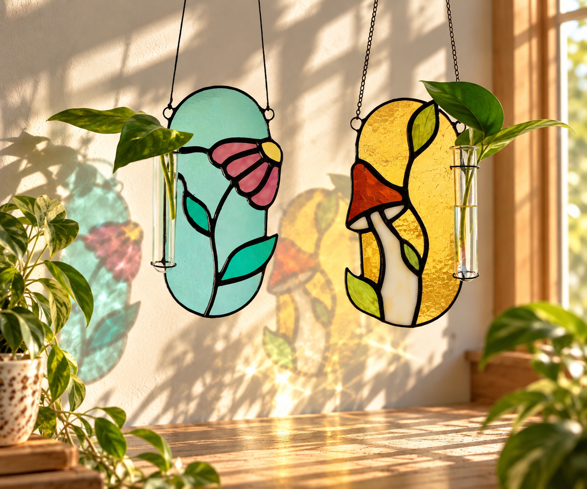 Stained Glass Plant Propagation Station | Mushroom or Wildflower - Samara Designs Studio