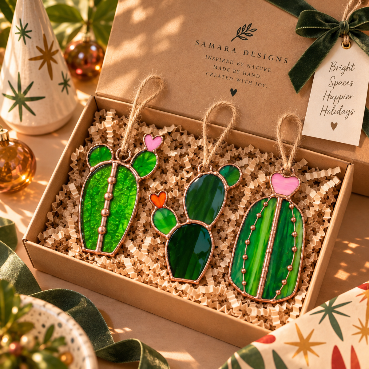 Mini Cactus Stained Glass Ornament Set