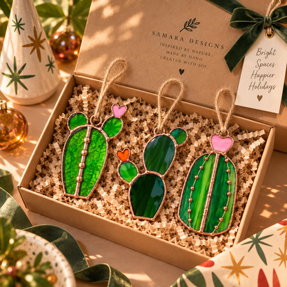 Mini Cactus Stained Glass Ornament Set
