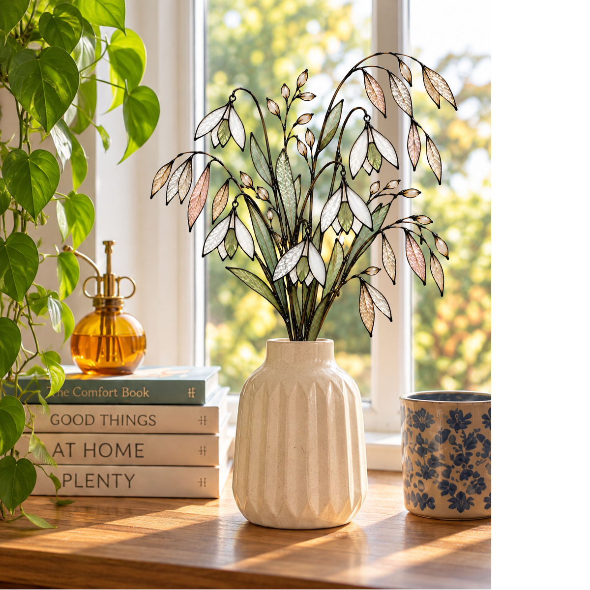 Handmade stained glass floral arrangement featuring delicate white snowdrops, sage green leaves, and champagne-toned wild oats with textured glass and black wire stems. Displayed in a cream ceramic vase on a sunlit wooden table beside a window, surrounded by leafy greenery, vintage-inspired books, and warm retro modern decor.