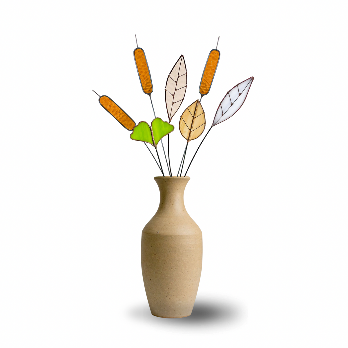 Stained Glass Botanical Bouquet | Amber Cattails & Ginkgo Leaves