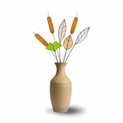 Stained Glass Botanical Bouquet | Amber Cattails & Ginkgo Leaves