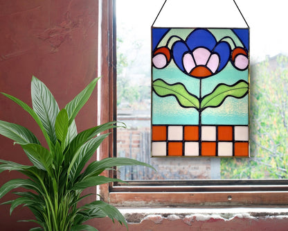 Checkered Blossom Folk Art Botanical Stained Glass Panel - Samara Designs Studio