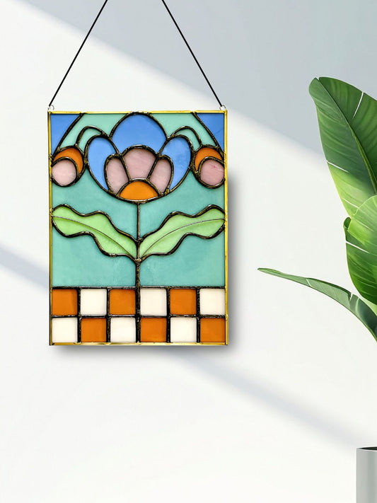 Checkered Blossom Folk Art Botanical Stained Glass Panel - Samara Designs Studio