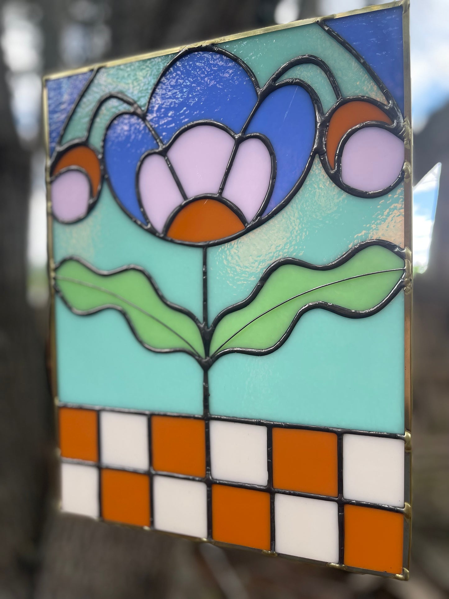 Checker Blossom Folk Art Botanical Stained Glass Panel - Samara Designs Studio