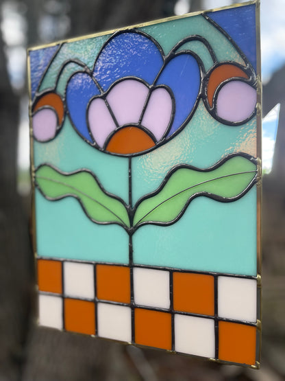 Checker Blossom Folk Art Botanical Stained Glass Panel - Samara Designs Studio