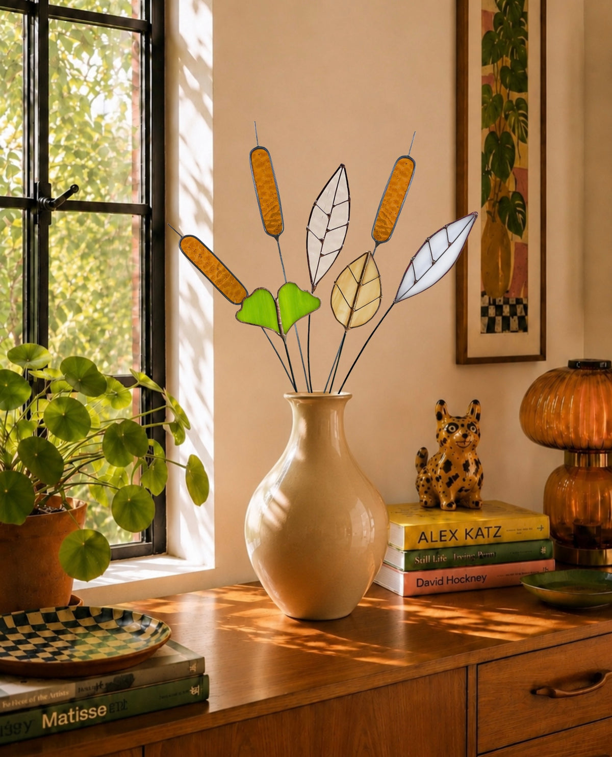 Stained Glass Botanical Bouquet | Amber Cattails & Ginkgo Leaves