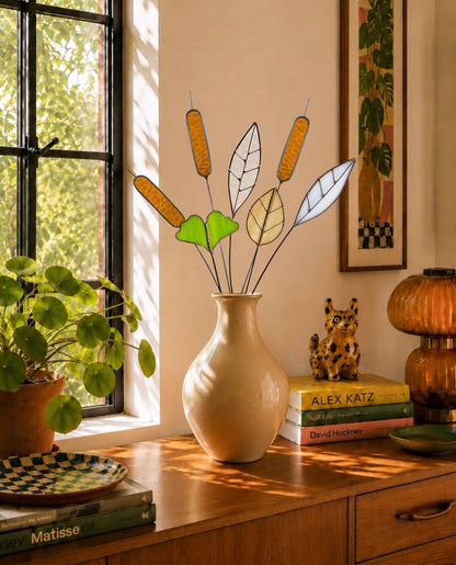 Stained Glass Botanical Bouquet | Amber Cattails & Ginkgo Leaves