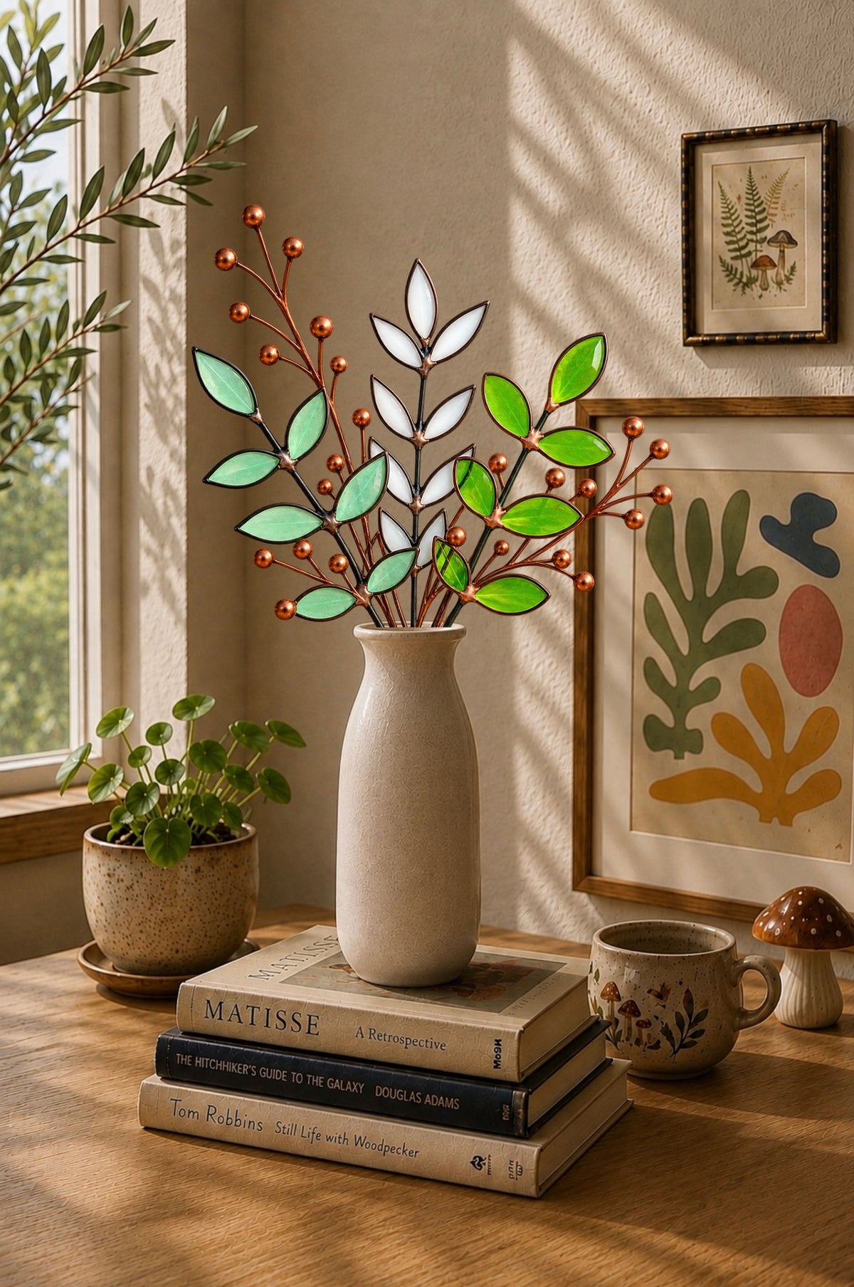 Stained Glass Botanical Arrangement | Handmade Glass Greenery & Copper Berry Sprigs
