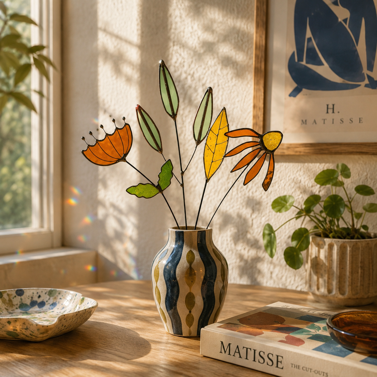 Stained Glass Floral Arrangement – Amber Wildflower & Green Leaf Bouquet | Handmade Glass Flower Stems | Botanical Home Decor Gift - Samara Designs Studio