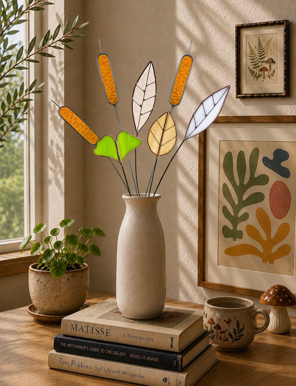 Stained Glass Botanical Bouquet | Amber Cattails & Ginkgo Leaves