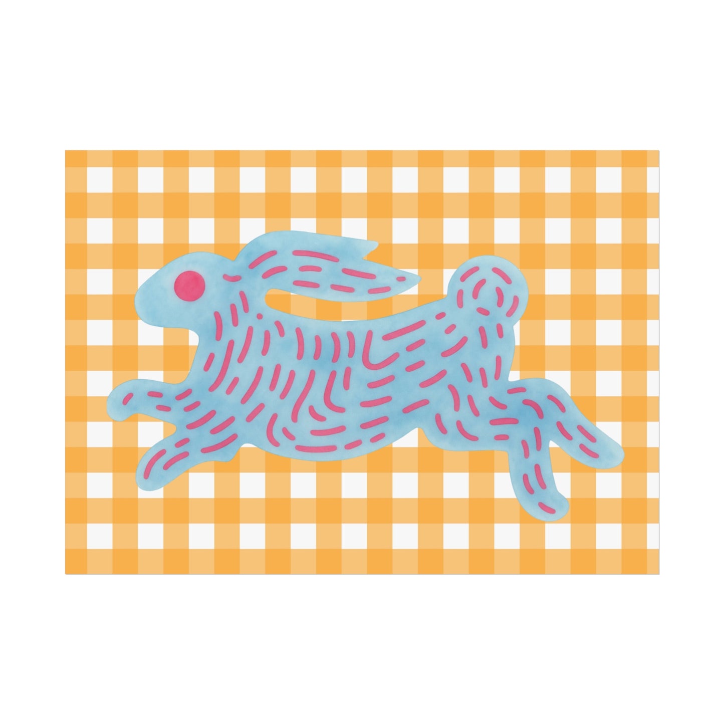 Blue rabbit on a yellow and white checkered background