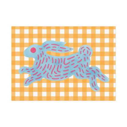 Blue rabbit on a yellow and white checkered background