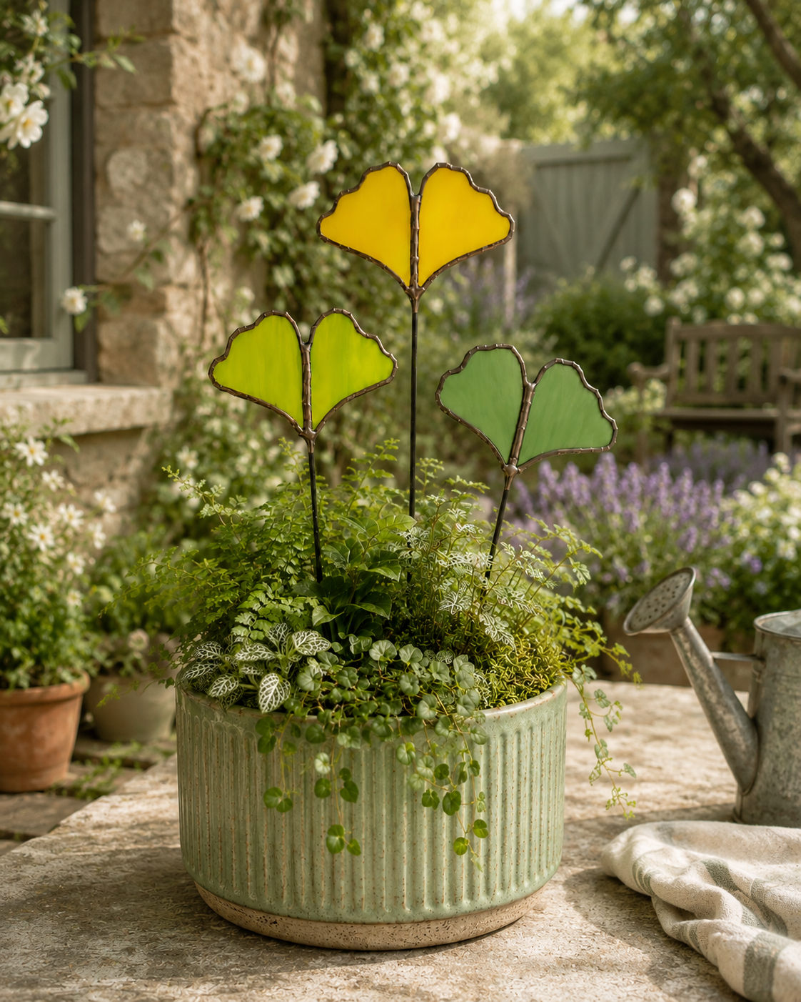 Handmade Stained Glass Ginkgo Leaf Plant Stakes – Modern Botanical Decor for Pots, Terrariums & Succulent Arrangements