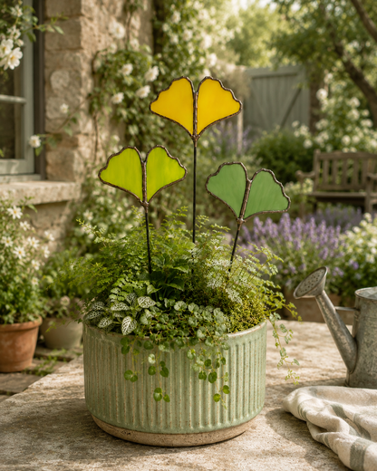 Handmade Stained Glass Ginkgo Leaf Plant Stakes – Modern Botanical Decor for Pots, Terrariums & Succulent Arrangements