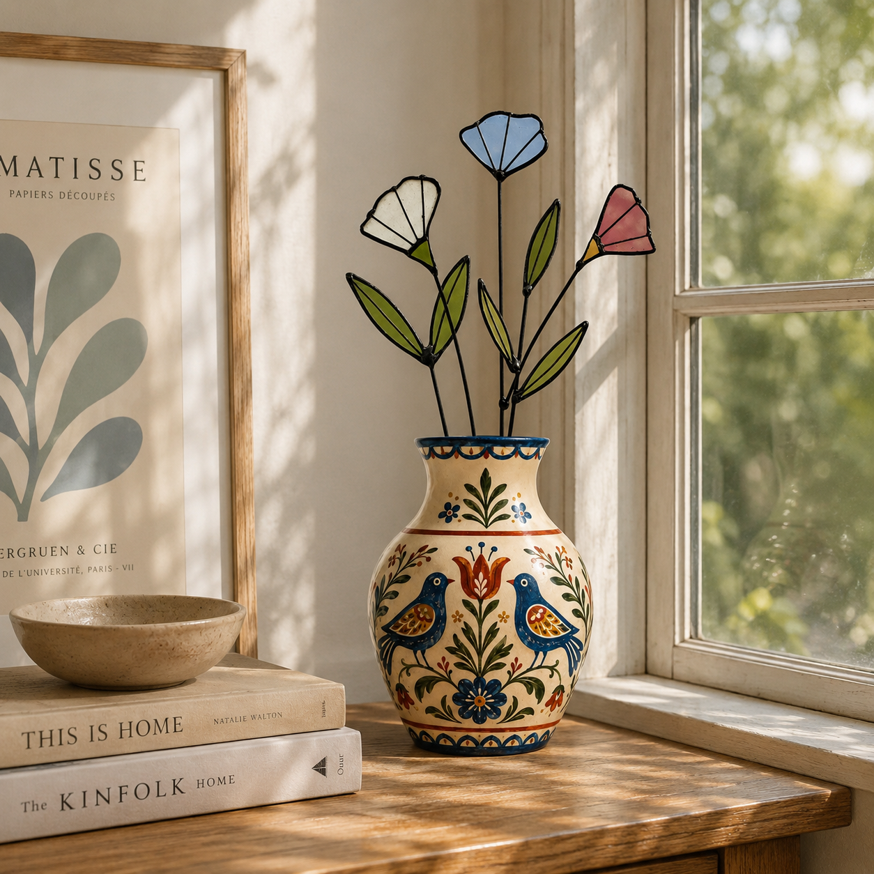 Handmade Stained Glass Wildflower Arrangement – Blue, Dusty Rose & White Blossoms - Samara Designs Studio