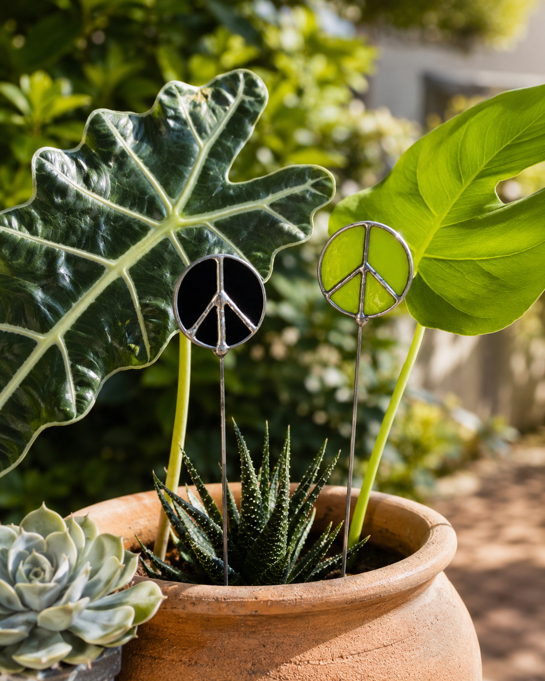 Glass Peace Sign Plant Stakes – Handmade Stained Glass Garden Decor - Samara Designs Studio