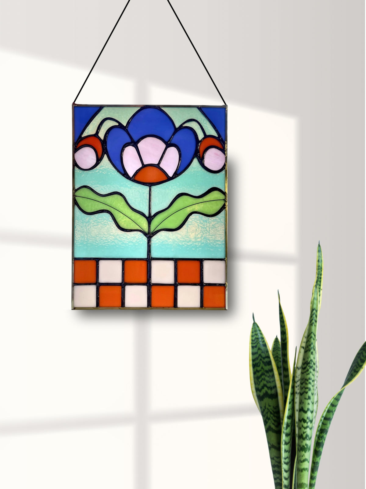 Checkered Blossom Folk Art Botanical Stained Glass Panel - Samara Designs Studio