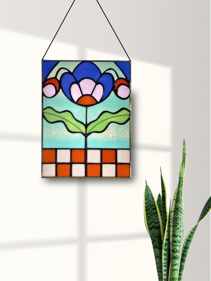 Checkered Blossom Folk Art Botanical Stained Glass Panel - Samara Designs Studio