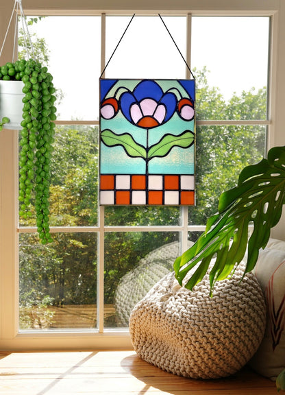Checkered Blossom Folk Art Botanical Stained Glass Panel - Samara Designs Studio