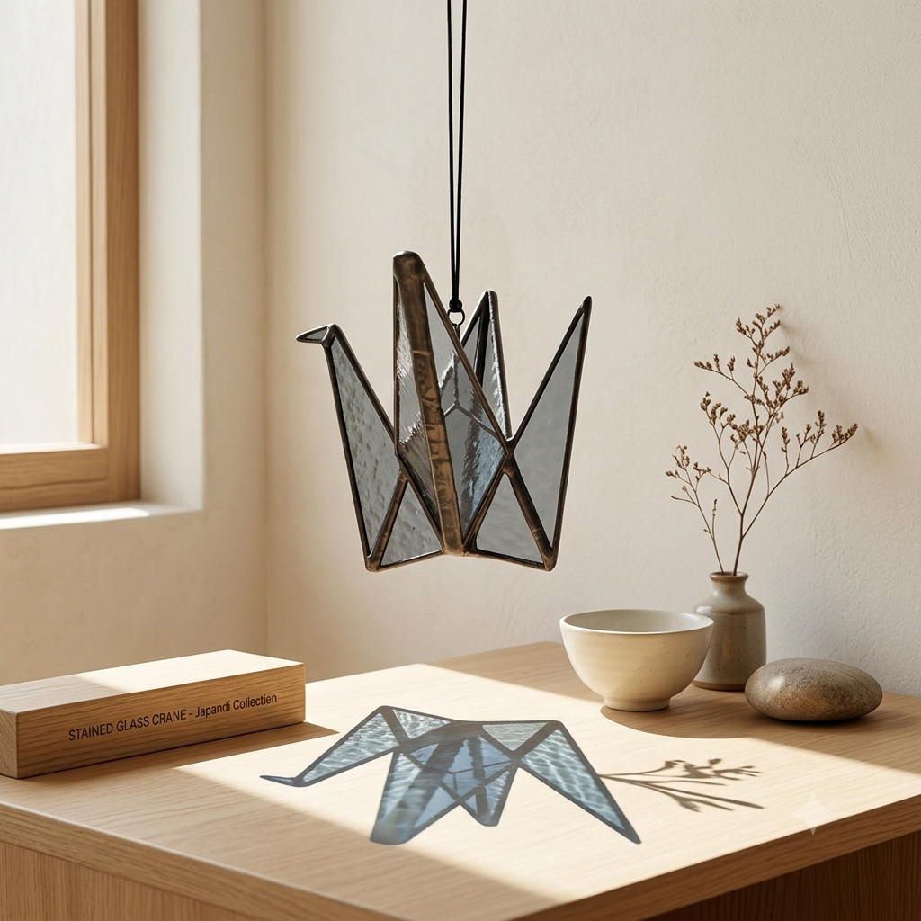 Japandi Stained Glass Origami Crane Suncatcher