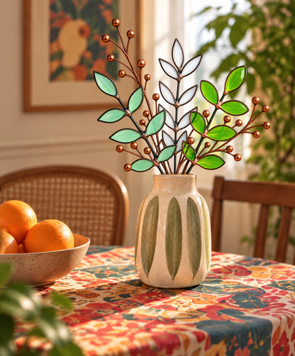 Stained Glass Botanical Arrangement | Handmade Glass Greenery & Copper Berry Sprigs