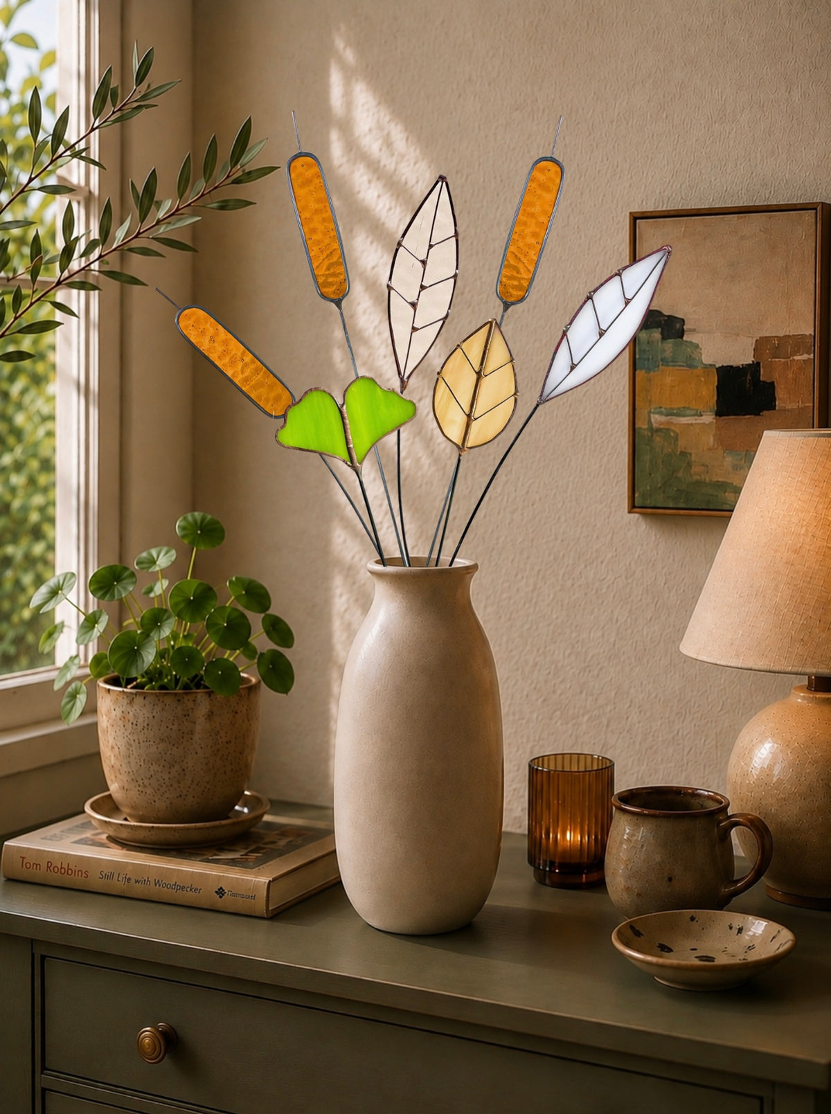 Stained Glass Botanical Bouquet | Amber Cattails & Ginkgo Leaves