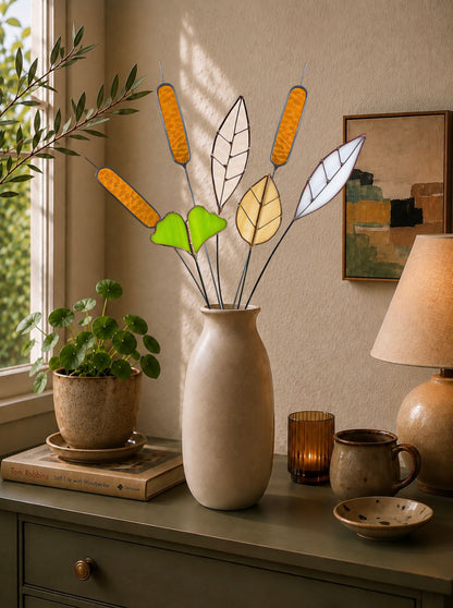Stained Glass Botanical Bouquet | Amber Cattails & Ginkgo Leaves
