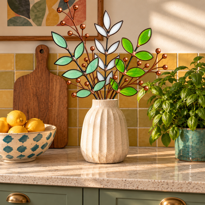 Stained Glass Botanical Arrangement | Handmade Glass Greenery & Copper Berry Sprigs