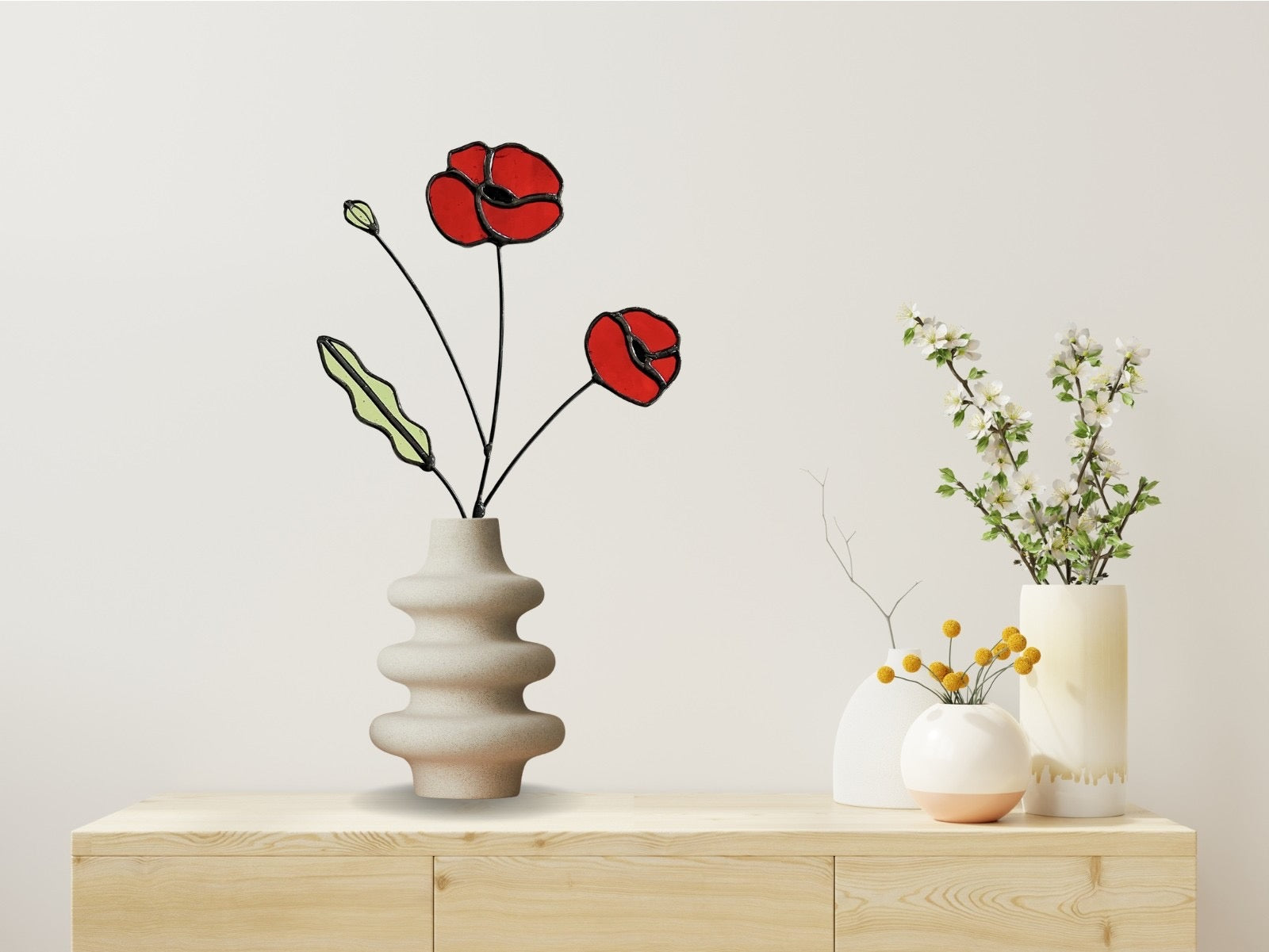 Red Poppy Stained Glass Stem – Handmade Botanical Art - Samara Designs Studio