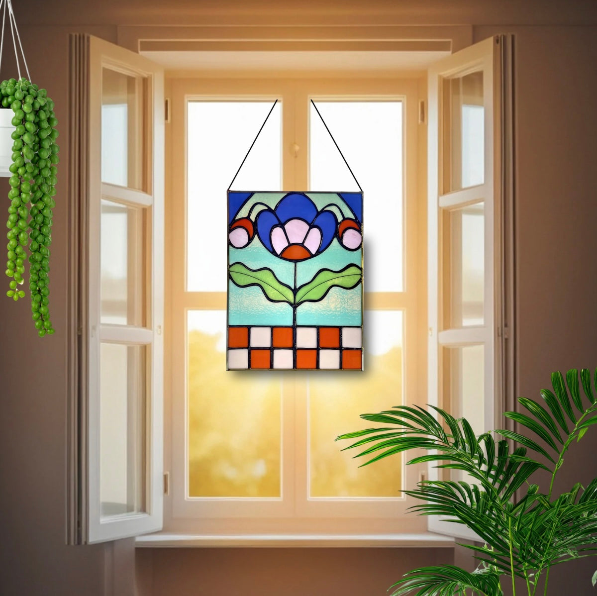 Checkered Blossom Folk Art Botanical Stained Glass Panel - Samara Designs Studio