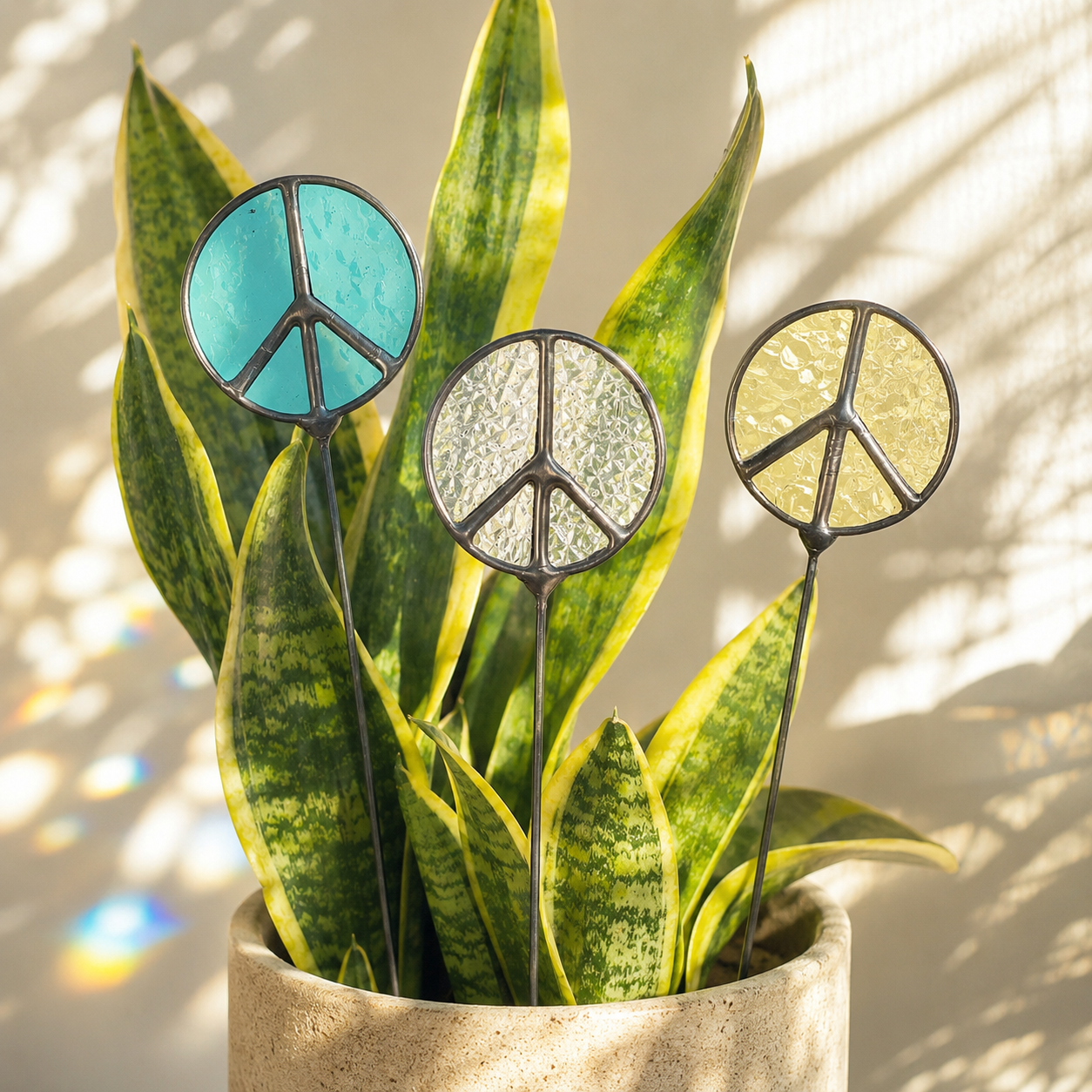 Glass Peace Sign Plant Stakes – Handmade Stained Glass Garden Decor - Samara Designs Studio
