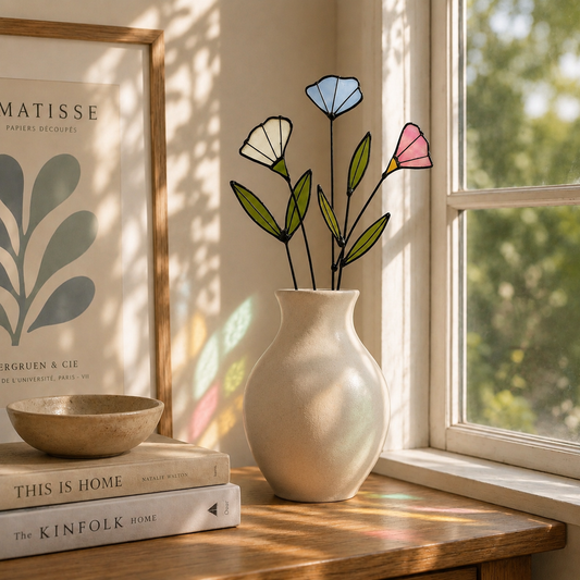 Handmade Stained Glass Wildflower Arrangement – Blue, Dusty Rose & White Blossoms - Samara Designs Studio