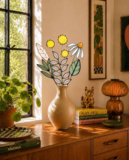 Stained Glass Wildflower Arrangement | Yellow Billy Buttons & White Coneflower