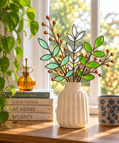 Stained Glass Botanical Arrangement | Handmade Glass Greenery & Copper Berry Sprigs