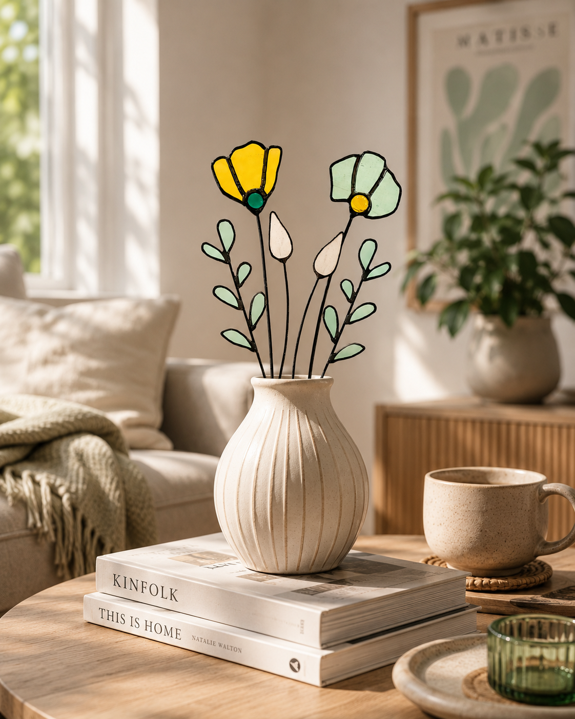 Handmade Stained Glass Wildflower Arrangement –  Amber & Sage Green - Samara Designs Studio