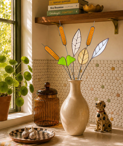 Stained Glass Botanical Bouquet | Amber Cattails & Ginkgo Leaves