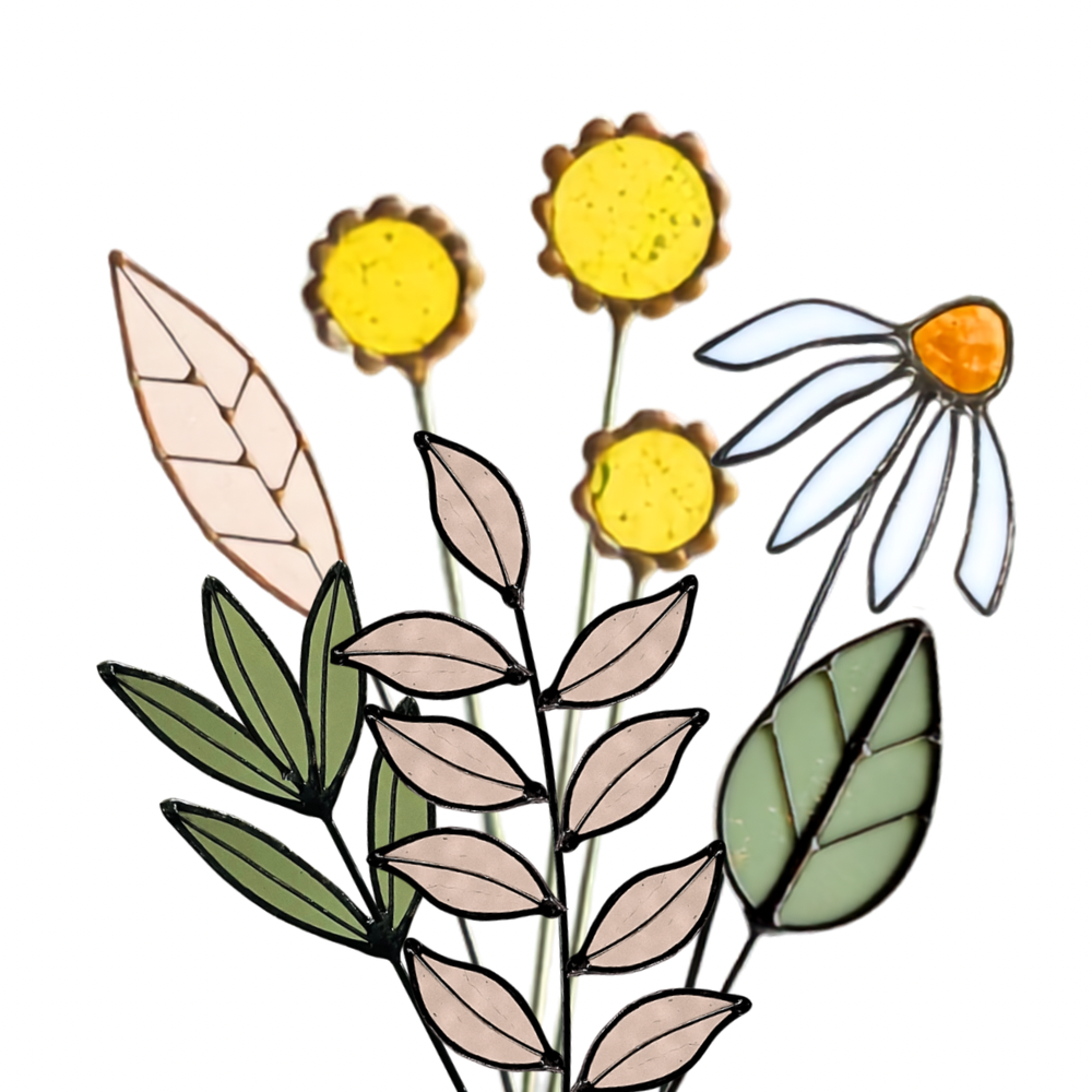 Stained Glass Wildflower Arrangement | Yellow Billy Buttons & White Coneflower