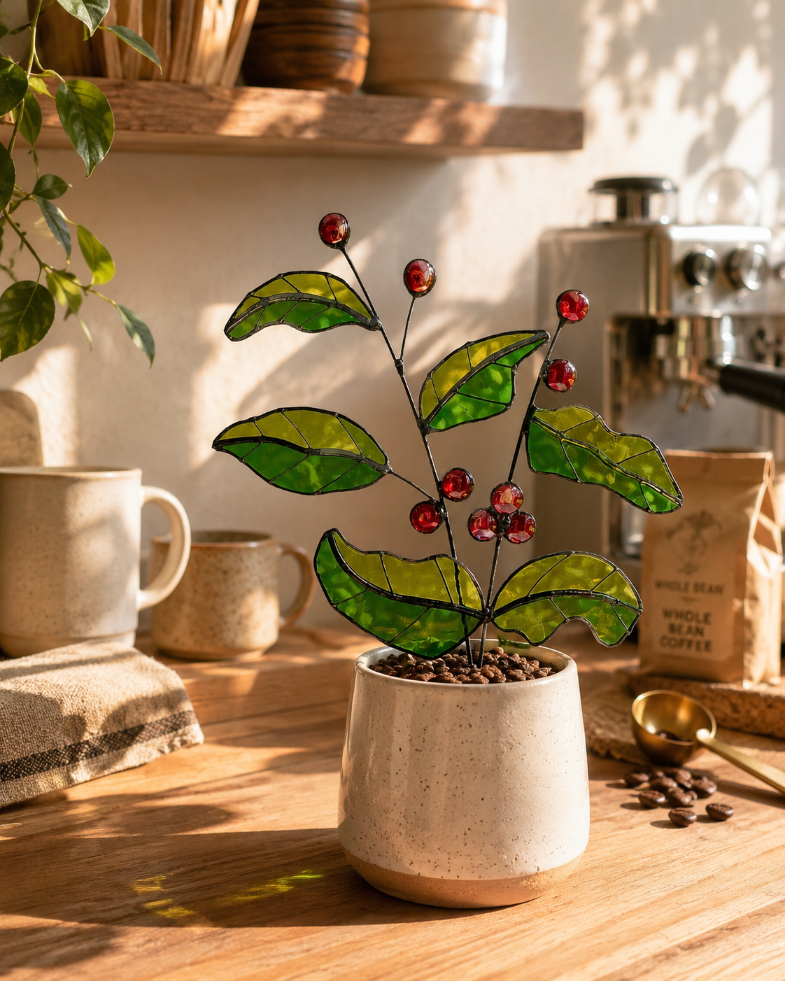 Handmade Stained Glass Coffee Plant | Coffee Lover Gift | Botanical Coffee Bar Decor - Samara Designs Studio